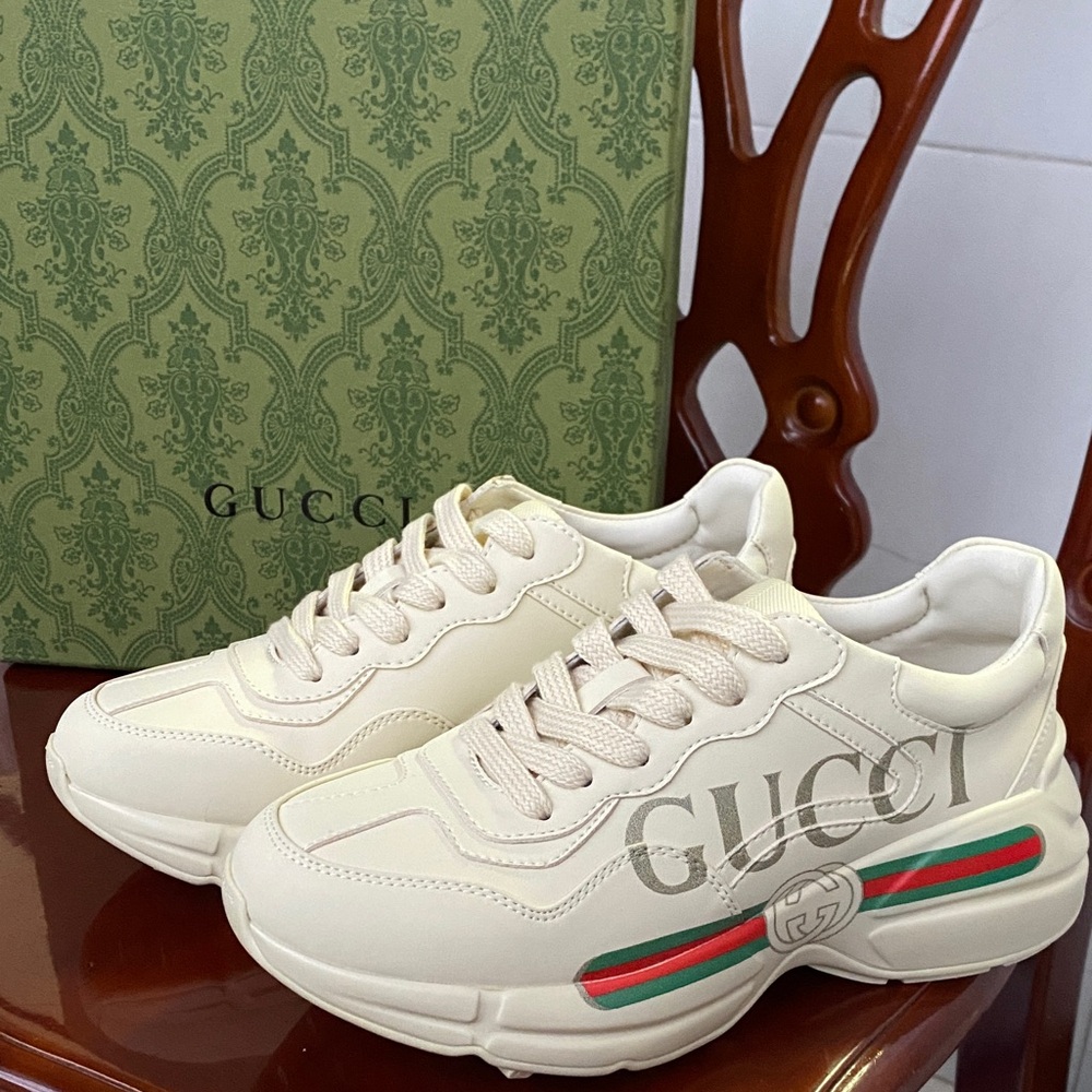 Women's Gucci White Leather Logo Print Web Stripe Chunky Sneakers✨✨